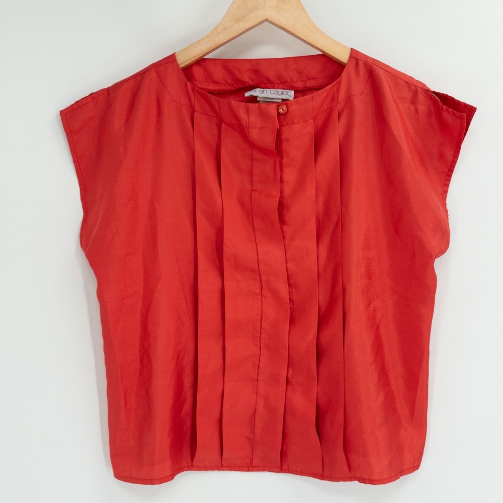 Vintage 80s Secretary Blouse Womens S Orange Red Boxy Pleated Office Mod Preppy